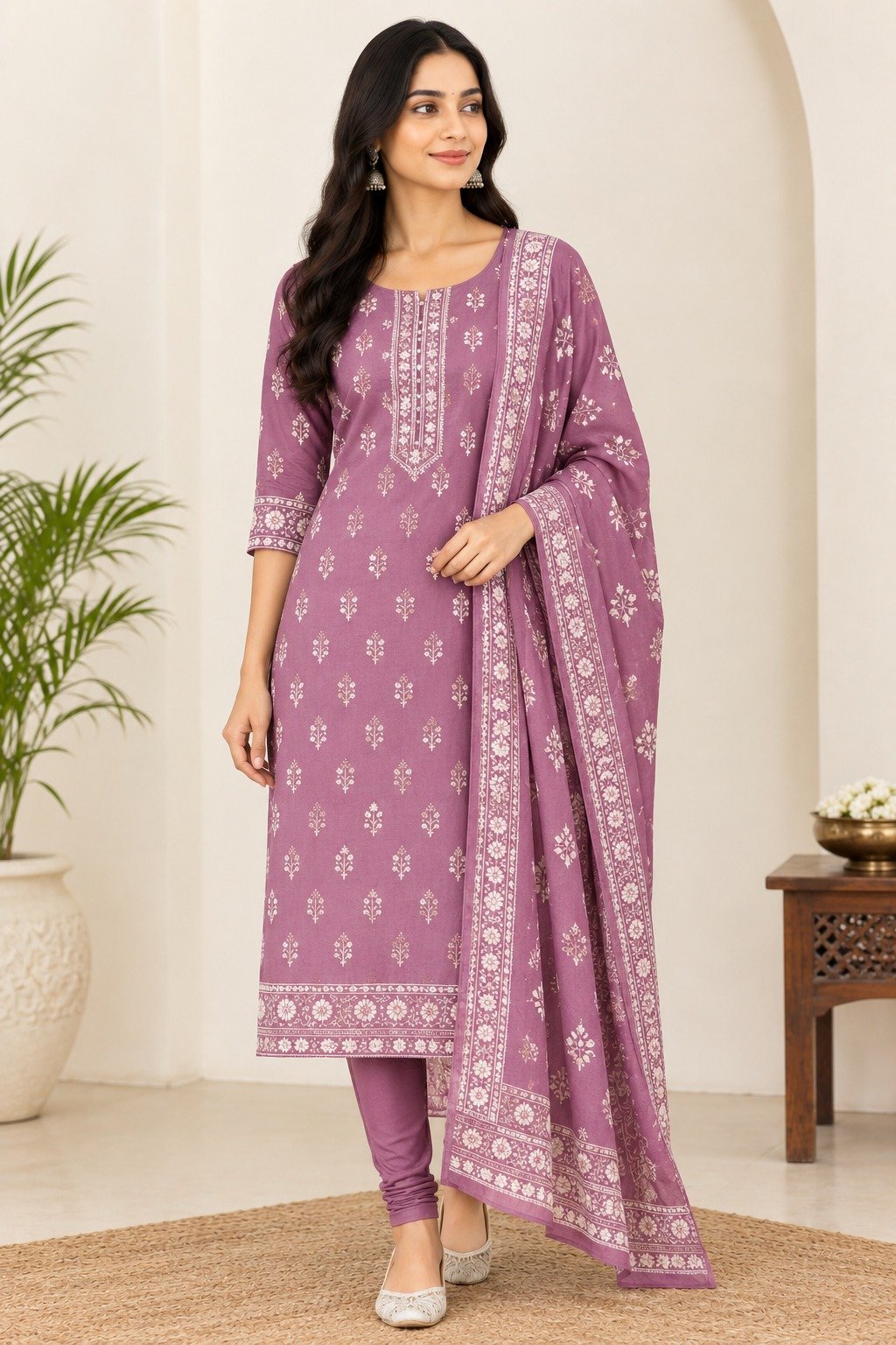 Elegant Mauve Floral Printed Chudi Set